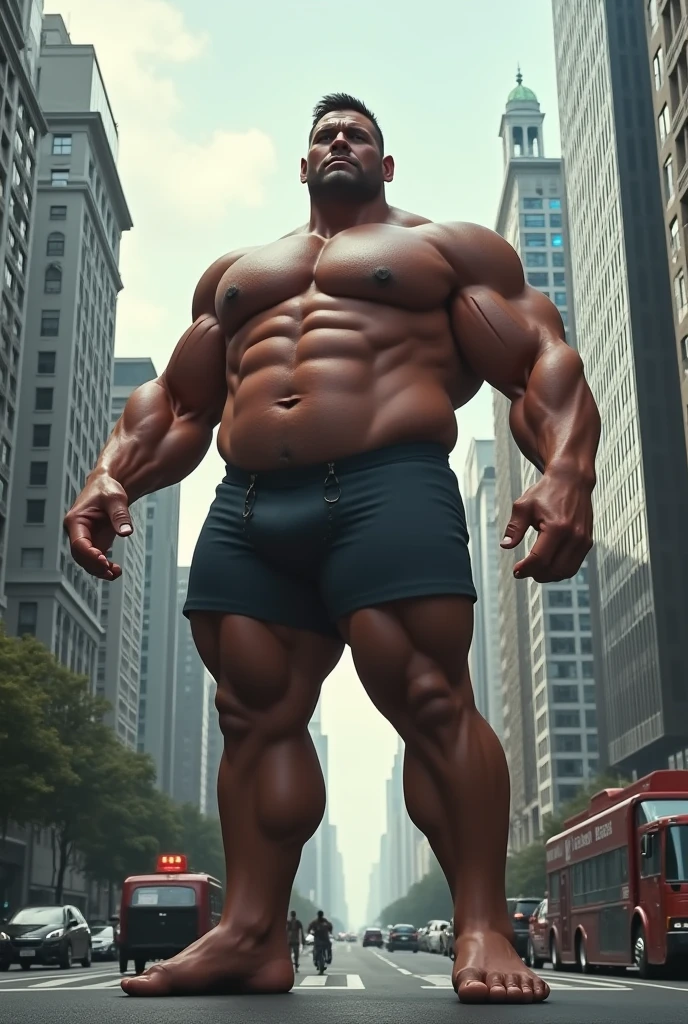 Super muscular handsome man with 230kgs and 3M height ,in giant underwear in city