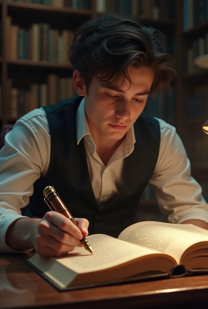 A young philosopher author writing in a book with an old pen