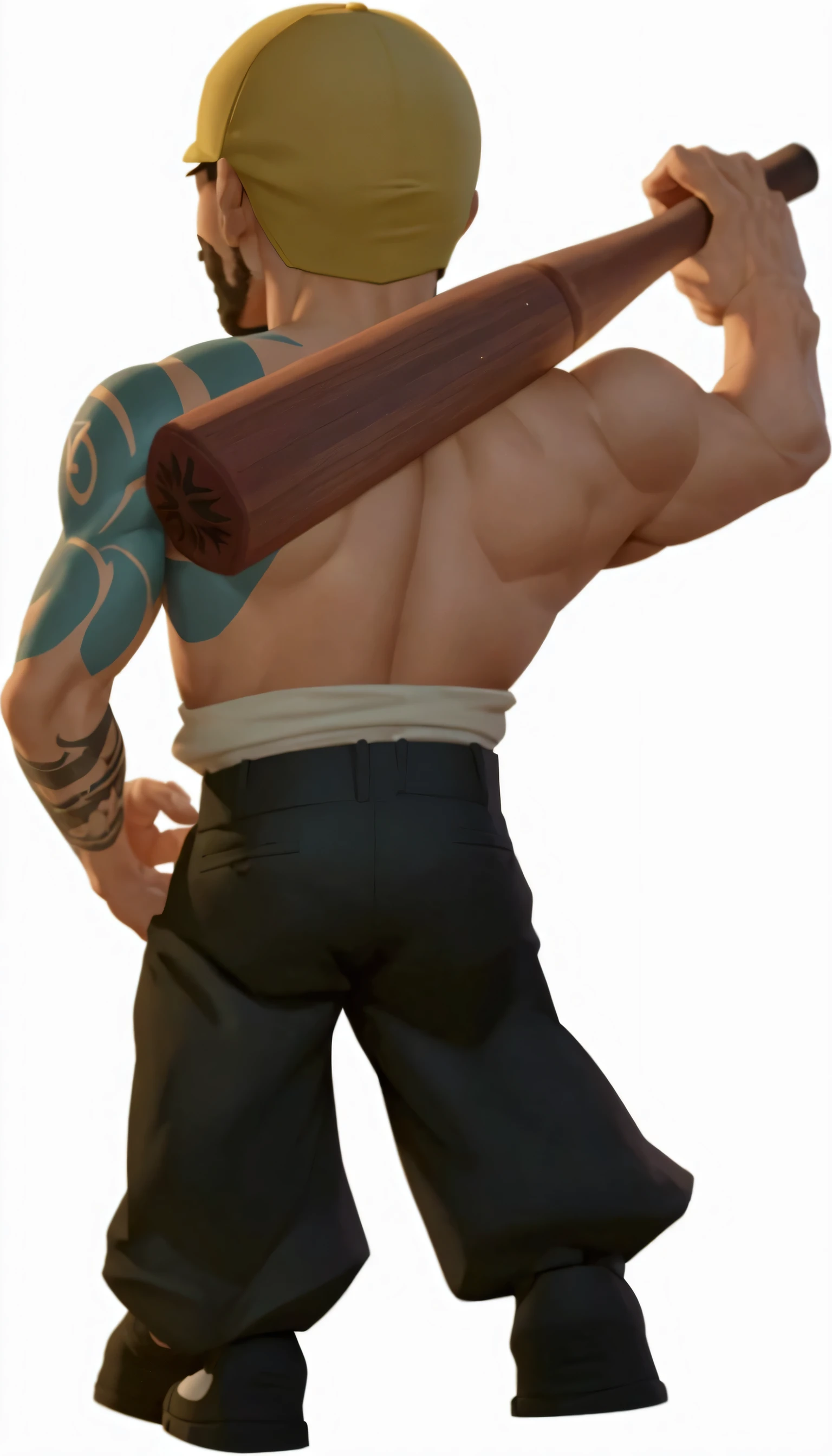 A man carrying a baseball bat,A man with a tattoo on his back, Back view,muscular,Black trousers,Baseball bat in right hand,Short hair and flat head,More character details,More details on clothing folds,ue5 render,3D Rendering,Cartoon Characters,Cartoon Style,8k ultra high definition
