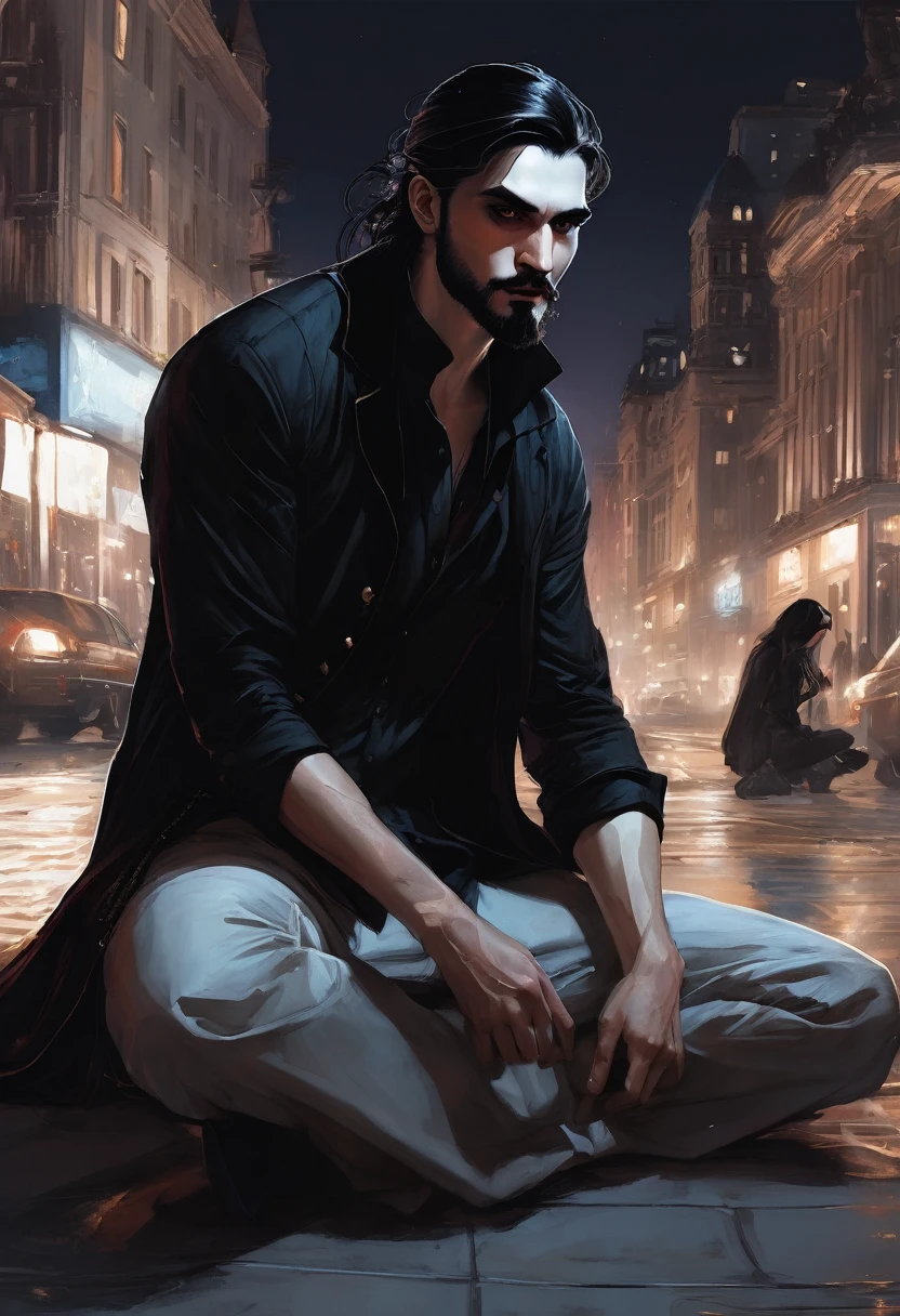 (good quality), (many details), (masterpiece), style of Charlie Bowater, vampire, man, crouching on the ground, gypsy, mean face, wild short black hair, wild beard, wiry, at night in the park, thin, long wiry arms, clawed hands, night, in a Modern City