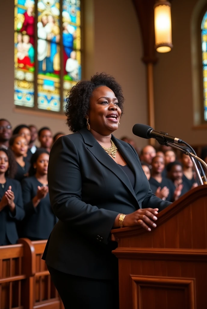 A confident and poised Black female politician with a commanding presence and a fuller body type, delivering a powerful speech inside a traditional gospel church. She stands at a wooden podium, dressed in an elegant black suit with a gold chain necklace. The church is warmly lit with stained glass windows depicting religious scenes. A choir, also in traditional gospel attire, is positioned behind her, singing passionately. The church is filled with an attentive congregation, and the atmosphere is vibrant and inspiring, combining historical architecture with a spiritual ambiance.