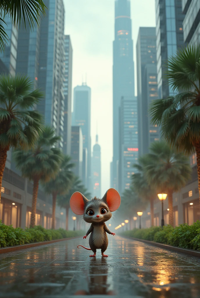 A very cute little mouse from a peaceful village went to the city in the middle of a luxurious urban area. But the mouse got lost in a playground. The little mouse felt lost and went to play on a deserted road. Suddenly it rained and he was alone in a luxurious urban area.