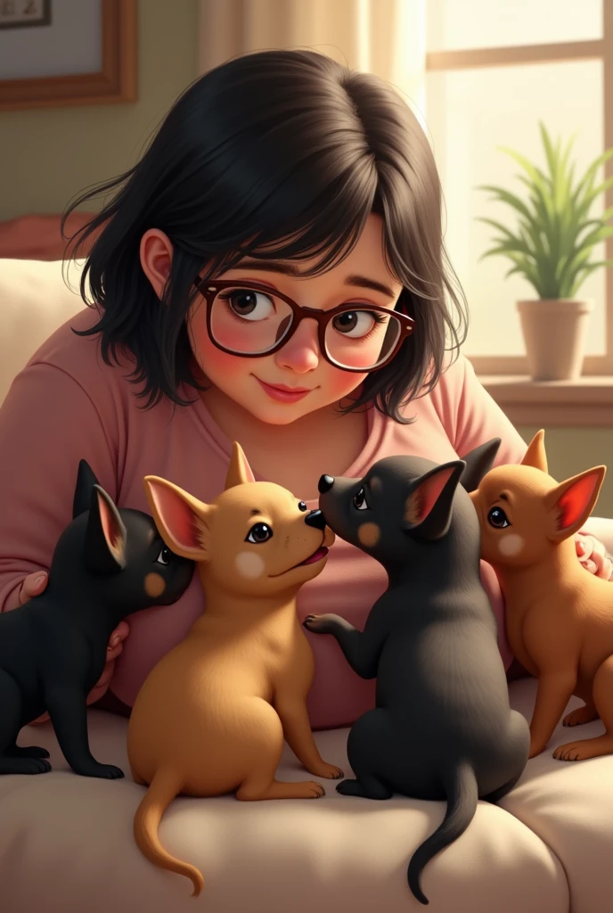 Chubby woman with short straight dark hair and glasses 7 black and brown chihuahua puppies