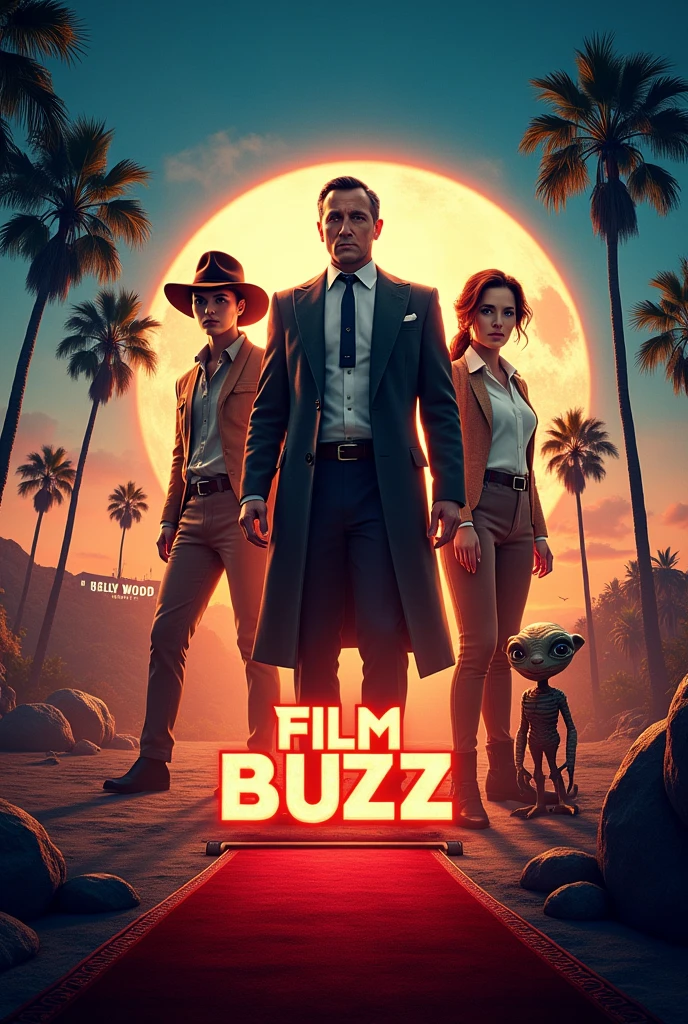 Make a movie explain channel cover by using the word" Film buzz" ad some iconic movies character, and create a slogan"Buzzing with Movie Magic"