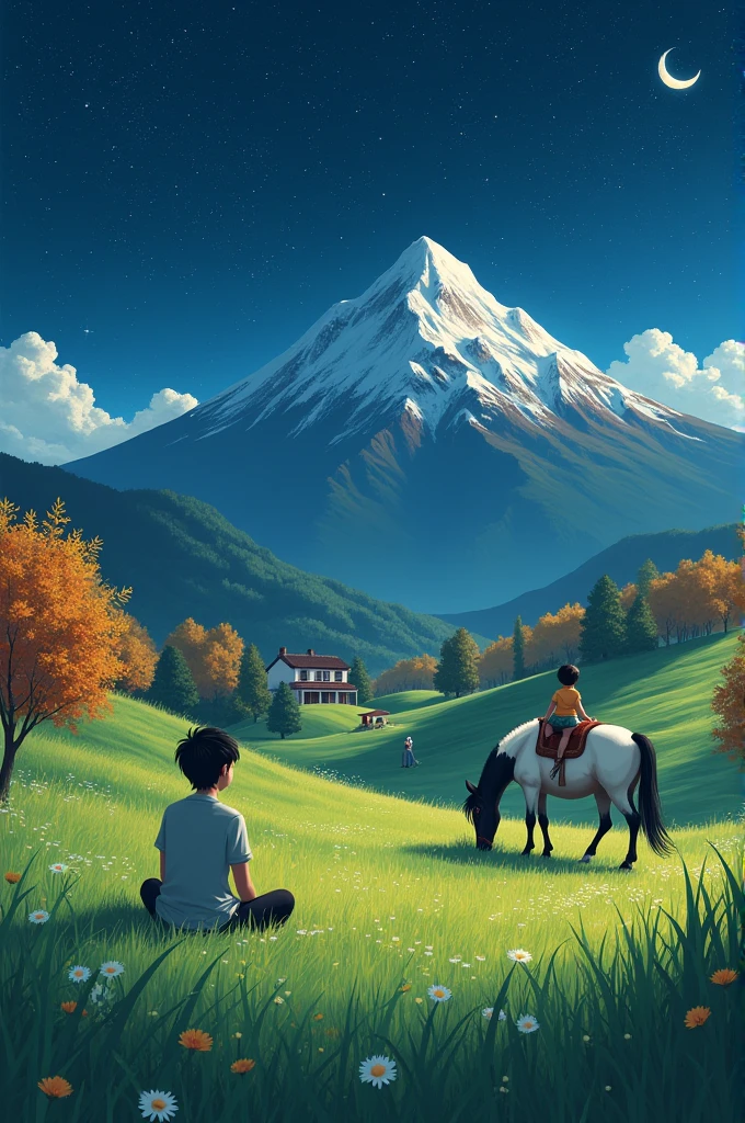 A person sitting in green land too sky that is fully covered by Stars and a half moon and a mountain with fall fall and green land grass moving slightly in wind white and black horse eating grass and a little baby sitting on the horse a beautiful home and a women collecting something from home