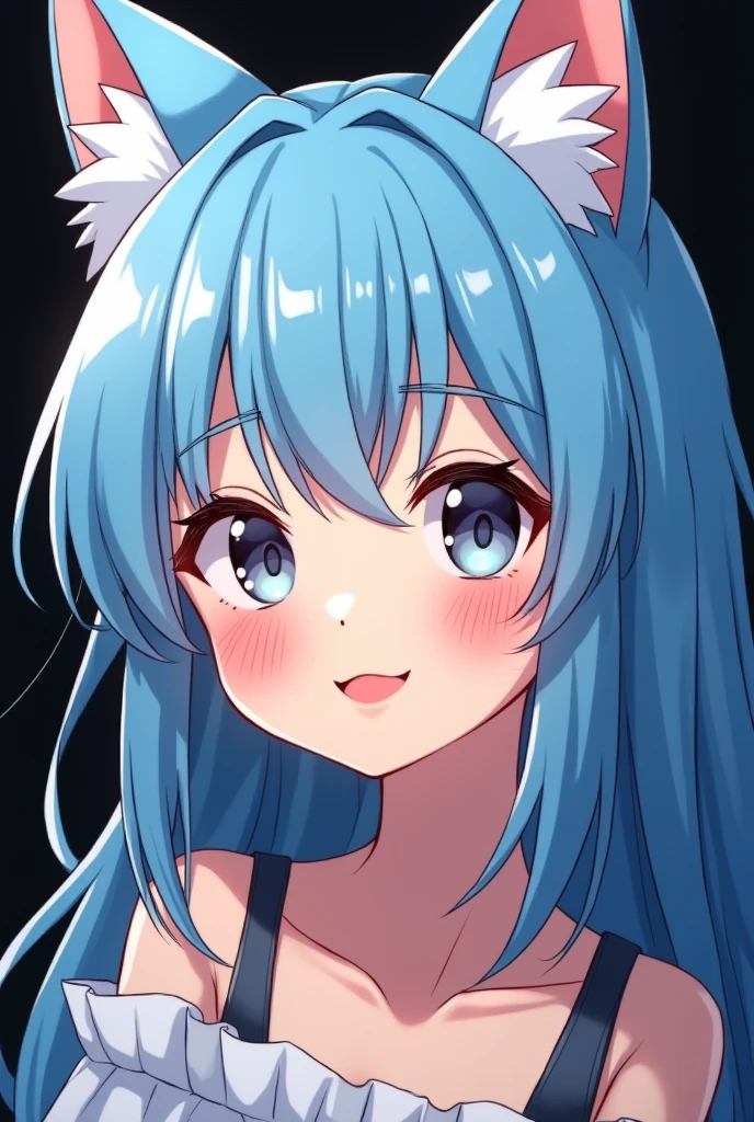 ear blush, by rubio, by the wide, swept bangs, Non-matching pupils, Sanpaku, cat ears, smile, animated style, tachi-e, High Definition, Black background, blue hair