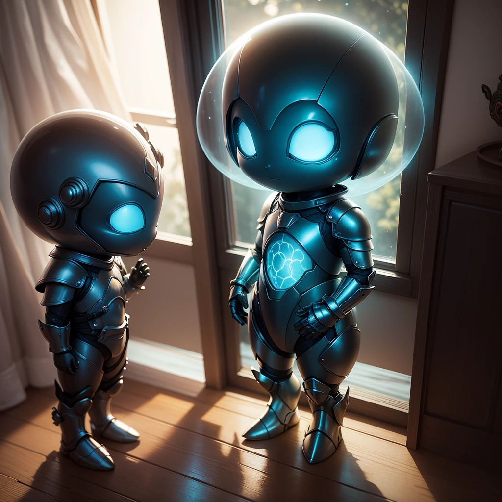 At night, a tiny alien with a shiny armor appeared at a window, glowing softly with a calming light. And ready to help fight the bad spirits at the house