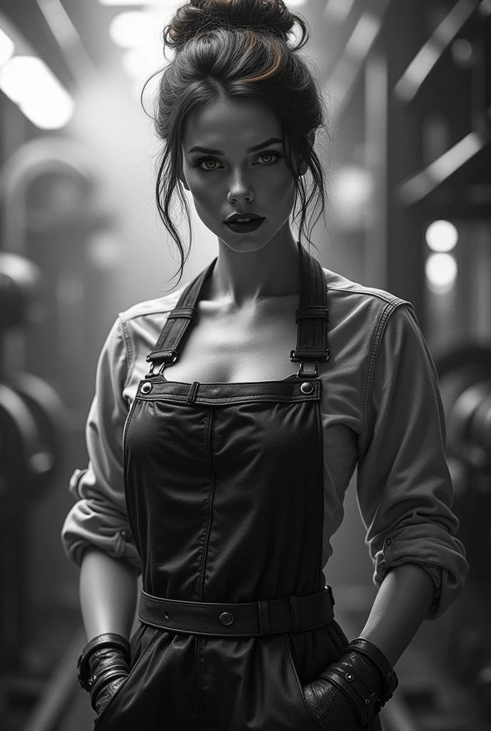 **A stunning monochromatic image of a woman as a mechanic in a retro-futuristic 19th century setting. She wears a grease-stained apron over a tailored leather jumpsuit, her sleeves rolled up to reveal strong arms. Her hair is styled in a messy bun with copper highlights, contrasting sharply with the grayscale palette. Her eyes are a piercing amber, and her lips are painted a deep burgundy. The background is filled with abstract steam and mechanical parts, blending into her form**