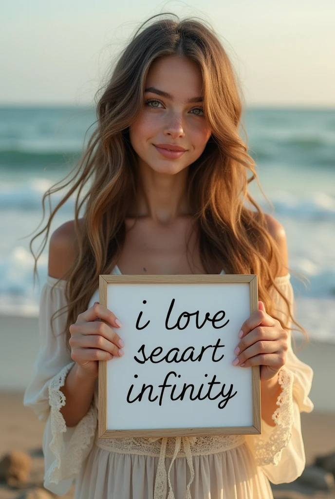 Beautiful girl with wavy long hair, bohemian dress, holding a white board with text "I Love Seaart Infinity" and showing it to the viewer