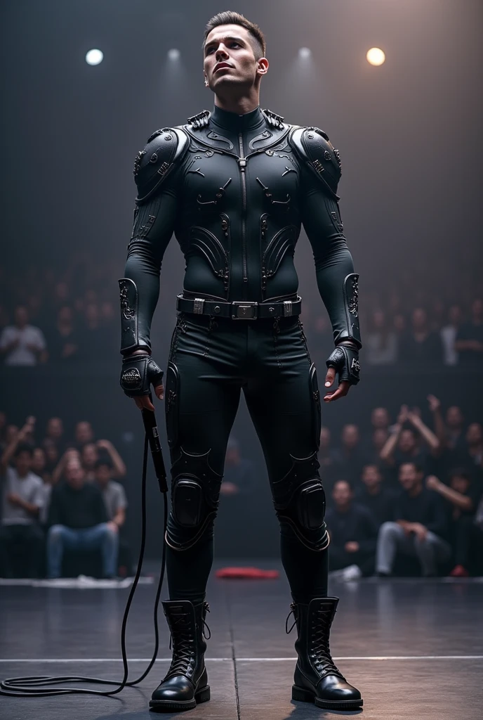 Create an innovative, futuristic and very masculine outfit for a male singer .That gives the impression of a powerful man.Let your posture be forward in movement, singing with microphone in hand , with people listening to him with jubilation .Someone imposing with broad shoulders but a solid, athletic body with a narrow waist that is very manly. .
Let your garment be new, something never seen before. In black and dark grey tones, it is made with fine details for the torso, it could be a shirt, a sweatshirt or something very close to your body..With fine futuristic details .But his torso is covered and with novel details in the pants that give it a futuristic impression..
With shiny black vinyl boots with novel details such as a thin, non-rounded toe that also has high, square heels that give it height., slim the singer and stylize him .