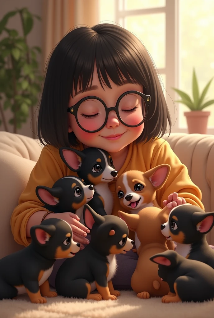 Chubby woman with short straight dark hair and glasses 7 black and brown chihuahua puppies