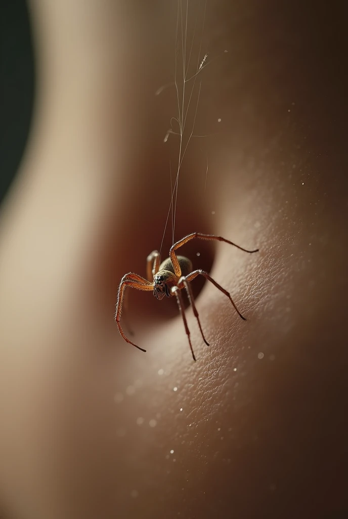 A small, life-sized spider slowly descending on its web toward a female belly button. The spider should be highly detailed and realistic, with its thin legs and delicate body clearly visible. The web should be fine and almost transparent, subtly standing out against the background. The female navel should be in focus, with sharp details such as the navel and the texture of the stomach. The scene should convey a sense of closeness and tension, capturing the moment as the spider approaches the navel