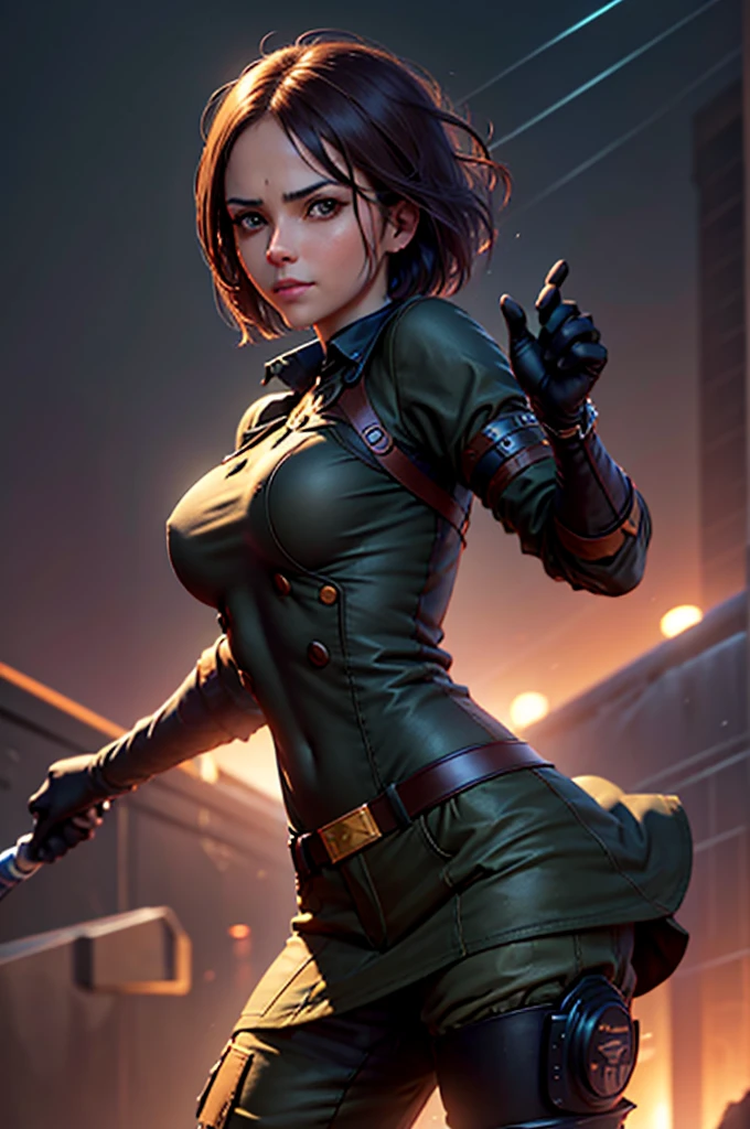 (at night), in a video game scene in the background, a beautiful city at night, raining, alone, standing looking straight ahead, military clothing with military green skirt and pants, black gloves, semi-short hair, ((semi-short hair)), 1 girl, 30 years old, young woman, perfect hands, Beautiful fingers, Beautiful long legs, Beautiful body, Beautiful nose, Beautiful character design, perfect face, looking straight at the viewer with a serious gesture and very upset, she has a black whip in her hand (focusing on her face), mouth closed, light_smile, official art, extremely detailed CG unity 8k wallpaper, perfect lighting, bright and colorful front lighting, shiny skin (artwork master: 1.0), (Best_quality: 1.0), ultra High resolution, 4k, ultra detailed photography, 8K, hdr, High resolution, Nonsense:1.2, Kodak portrait 400, film grain, Blurred background, bokeh:1.2, Flash lens, (vibrant_color:1.2), professional photography, (Beautiful, breasts: 1.4), (Beautiful_face: 1.5), (narrow waist),
