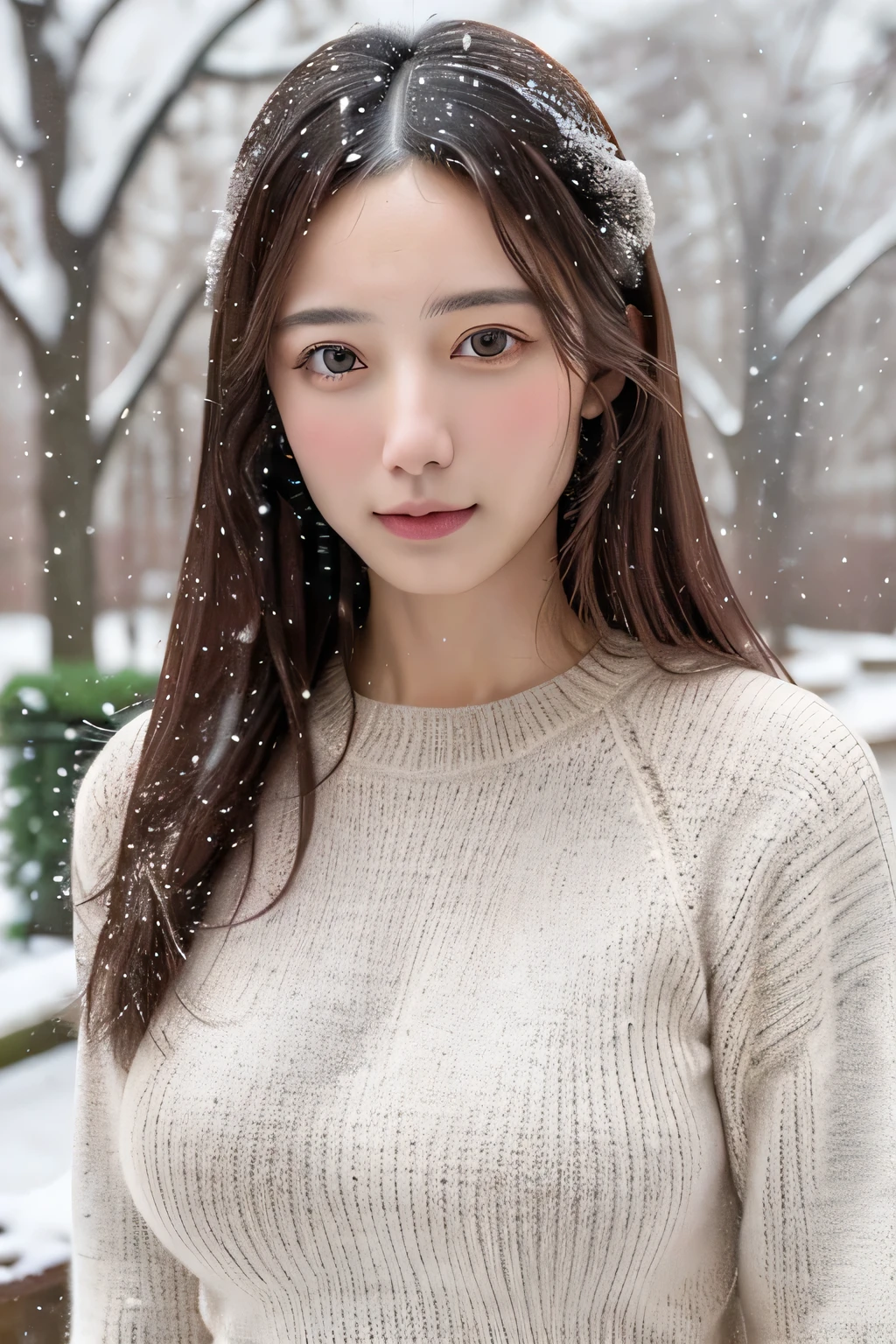 (masterpiece:1.35),(best-quality:1.4),8k,ultra-detailed,photography,(ultra-realistic:1.4), adult girl, long hair, sweater, snowing background, Large Breast, Slim Body, Cute face,