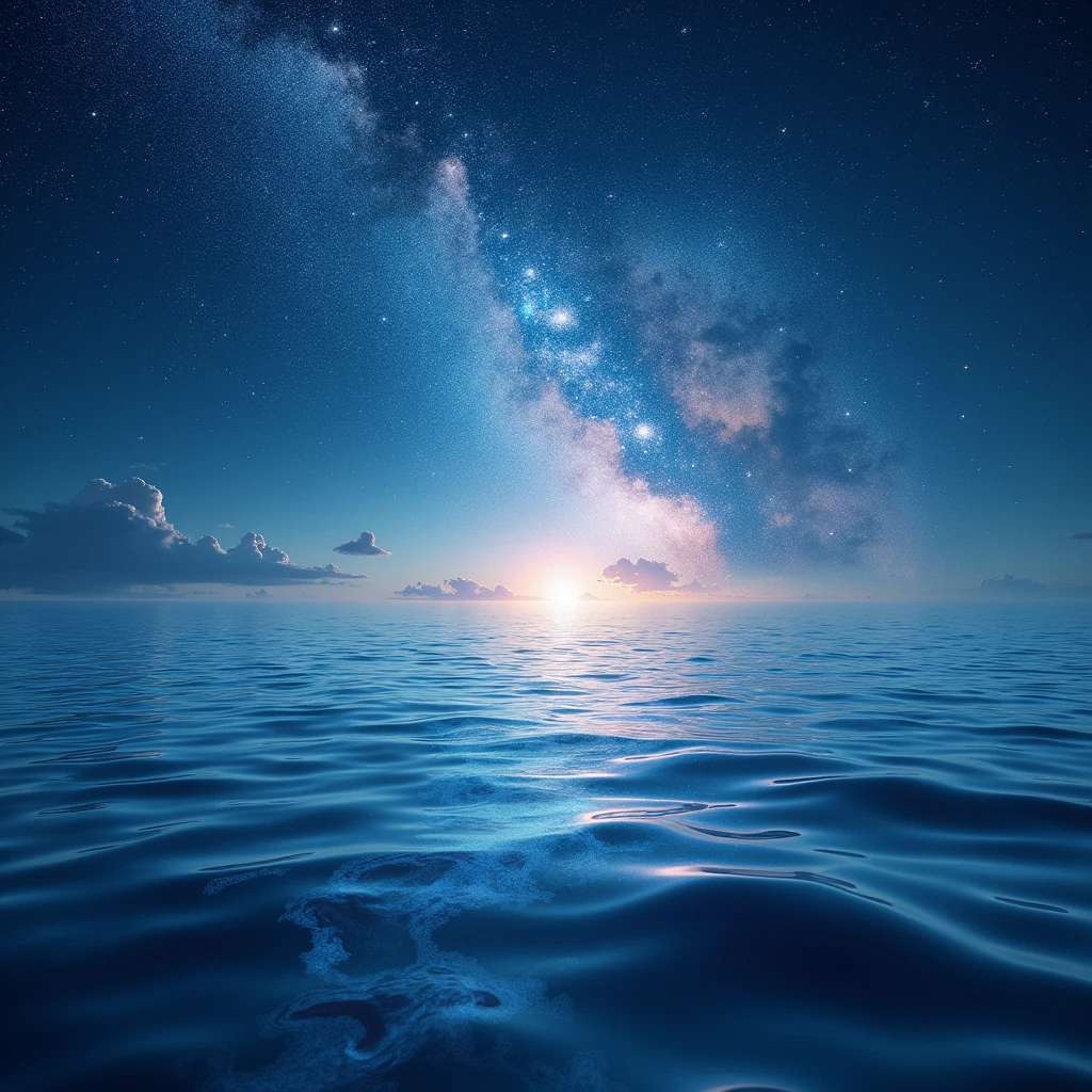 a calm and beautiful ocean, sparkling stardust dissolving, perfect fusion of sea and cosmos, mirrored holographic reflections, fantastic and transparent rainbow coatings, Multiple exposure
