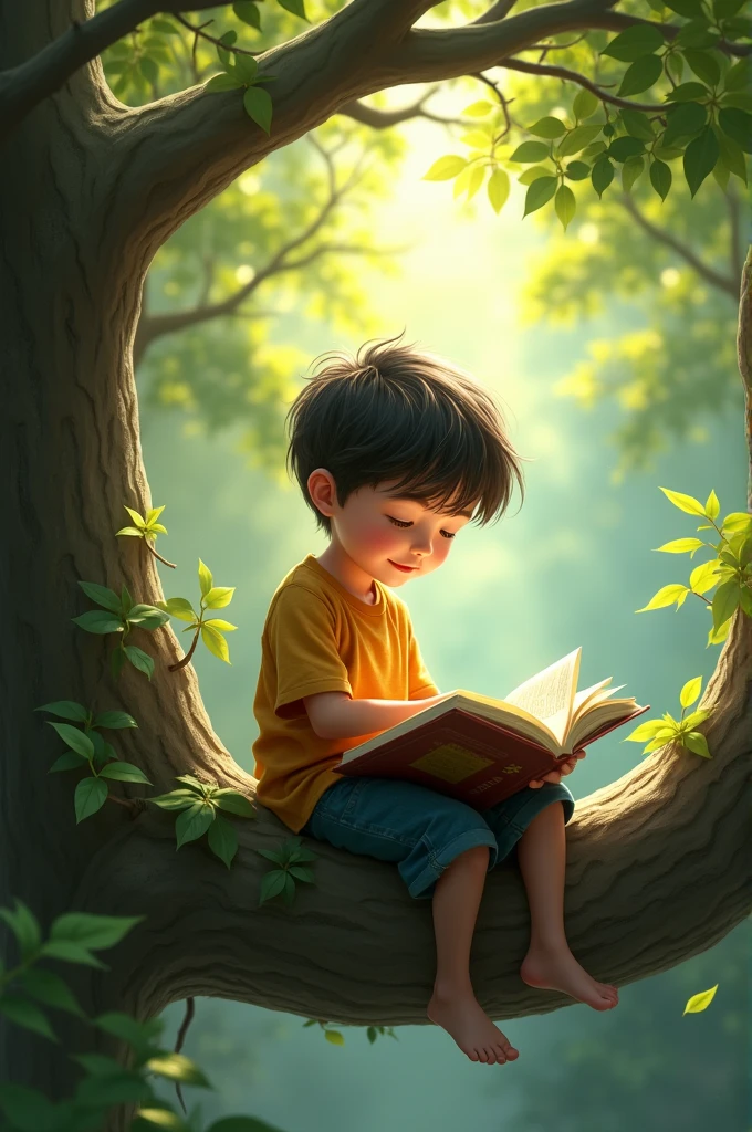A boy sitting on tree with book