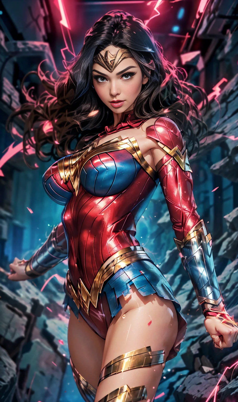Wonder woman super thick breasts、pelo negr, green eyes、8k, 4k, Of the highest quality, High resolution: 1.2),flicker、an exposed breast、cute anime face、pink blush on the cheeks.、noise removal,very close to the screen. (((her perfect body)))(((Red suit with blue)))