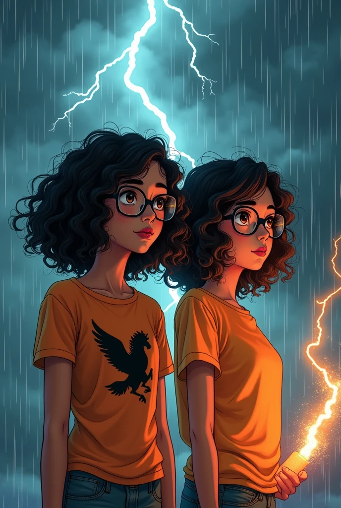 A 2 girl wearing glasses curly hair to the shoulder dark skin brown eyes orange t-shirt with black Pegasus symbol in the rain looking to the side lightning in the sky wet rain holding a lightning bolt