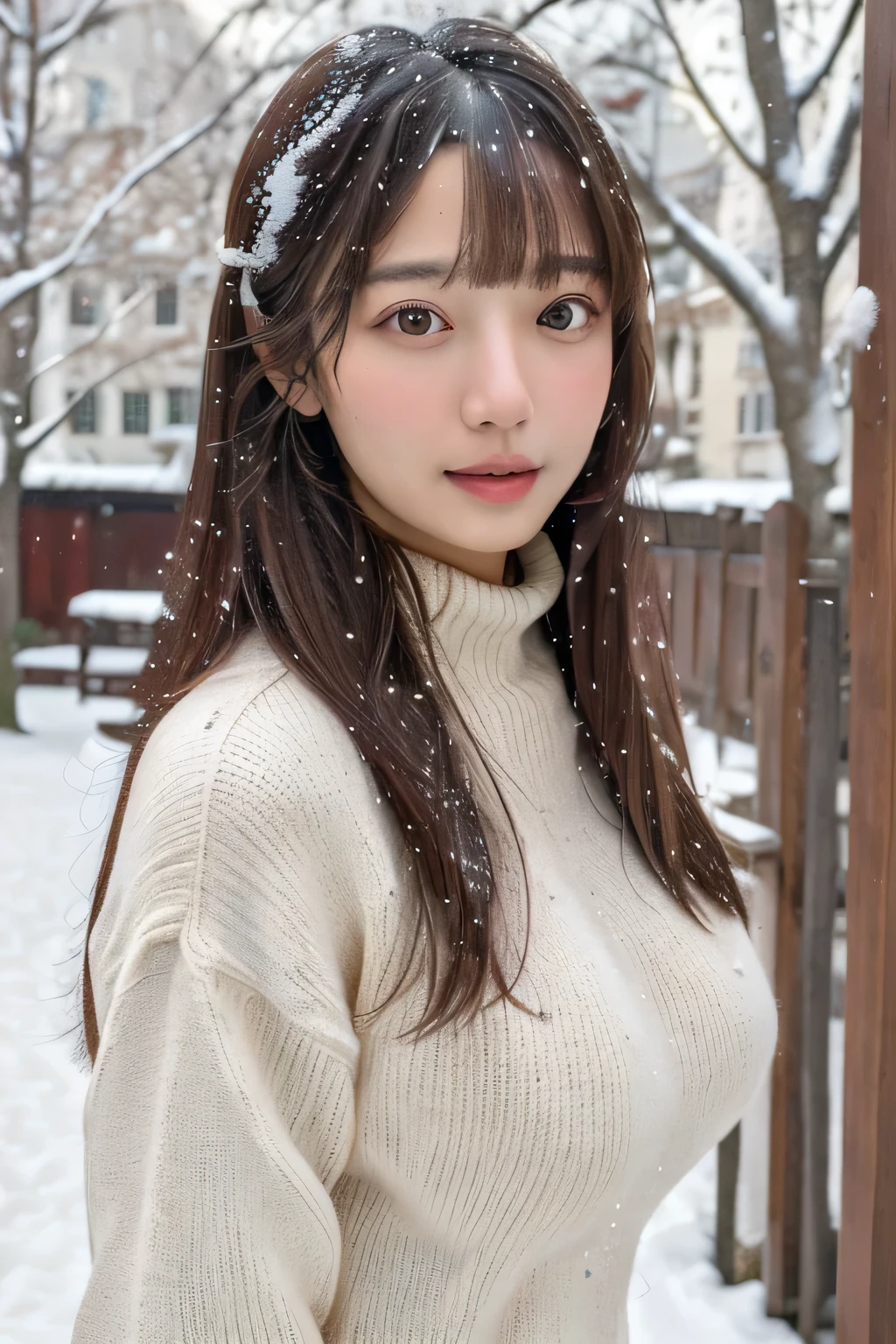 (masterpiece:1.35),(best-quality:1.4),8k,ultra-detailed,photography,(ultra-realistic:1.4), adult girl, long hair, sweater, snowing background, Large Breast, Slim Body, Cute face,