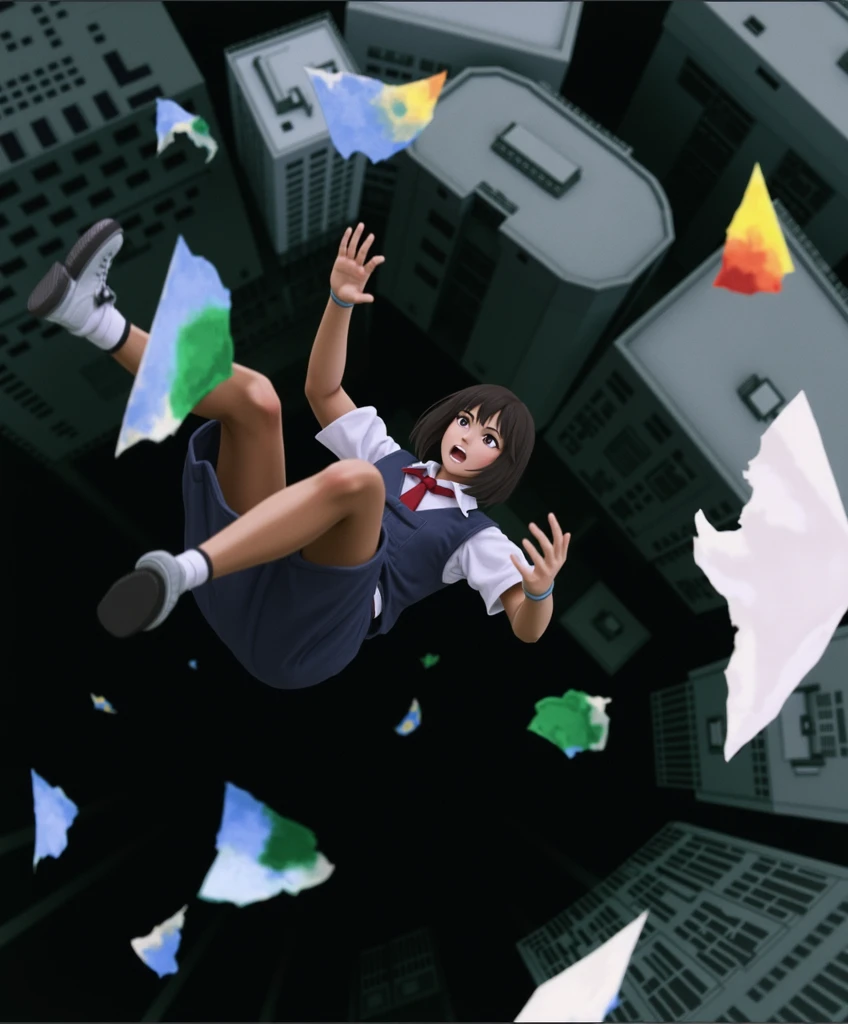 A middle school girl who likes to draw.、Shocked expression as father tears up picture he drew, Falling from the sky into darkness, Makoto Shinkai. Digital Rendering, floating over a city sidewalk, Giant Art, Singey, In a crashed spaceship, falling buildings, [ Realistic photos ]!!, inspired by Un'ichi Hiratsuka, Makoto Shinkai. Octane Rendering, Anime 3D Art