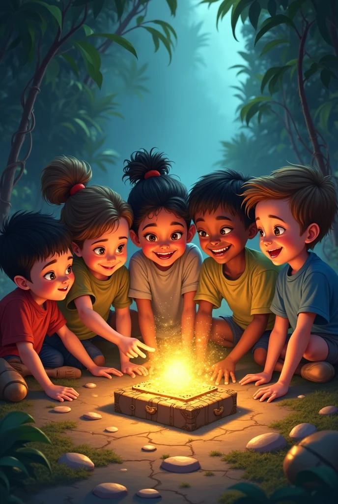 The are shown excitedly discovering something new—perhaps uncovering a hidden treasure, finding an ancient artifact, or solving a mysterious puzzle. The scene is lively and full of excitement, with various elements like sparkling objects or glowing paths."Strong Friendship and Teamwork