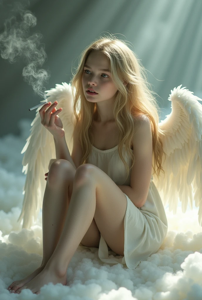 1 girl,Fujifilm、Realistic、long blonde hair,flat breasts,angel,Angel wings,Halation,white tunic,Languid,sluggish,empty eyes,bored,,sigh,half-closed eyes,sharp eyes,open eyes,air is heavy,sitting,Right knee up,Right elbow on right knee,holds a cigarette in his right hand,exhaling cigarette smoke from her mouth,heaven,floor is made of fluffy clouds,