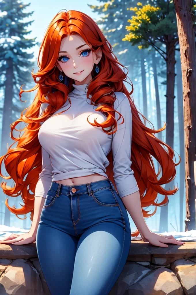 winter forest background, light-blue-eyes, woman, delicate, smile, hair over one eye, orange hair, white sweater, wearing jeans pants