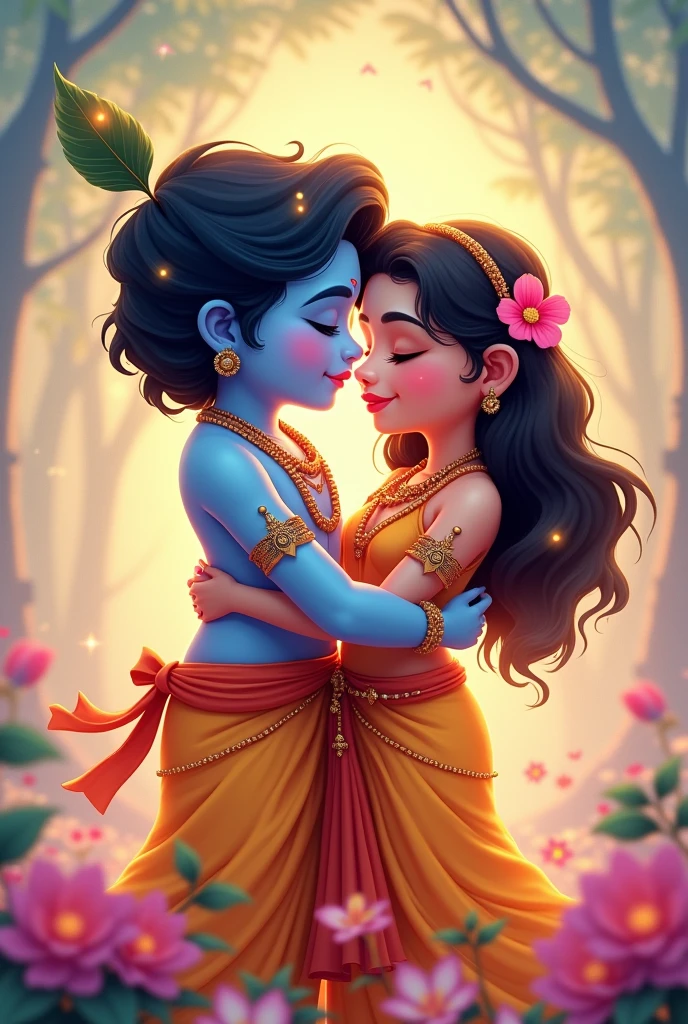 Lord krishna and Radha hug cartoon and glowing 

