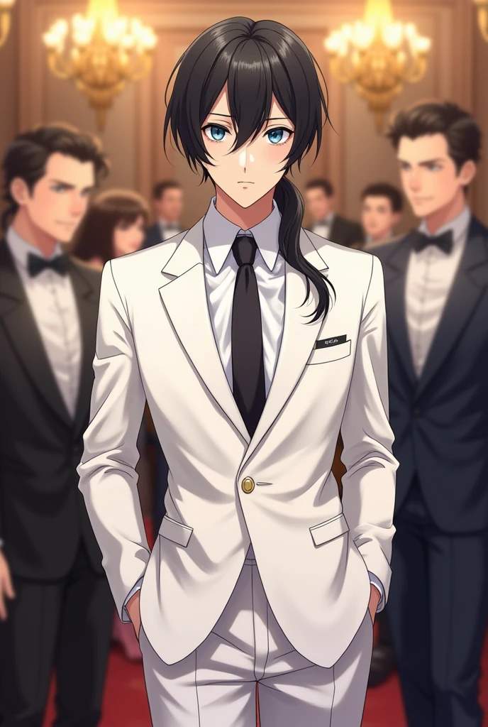 Anime boy Man long black hair with low ponytail and long bangs on his forehead dark blue eyes wearing white elegant suit at an anniversary party 