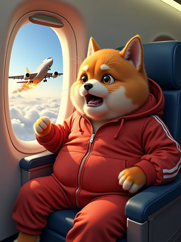 Envision a cartoonish, chubby dog with vibrant ginger fur. This dog bears the characteristics of a real-life British cat, complete with brown eyes. It's dressed in a bright red track suit. The scene is set inside an airplane with the cat seated next to a window, looking out. The airplane is airborne, soaring amongst the clouds. Outside the window, under the wing, the plane's engine is ablaze. The cat, panic-stricken, screams in horror, with its paws lifted in the air. The image emulates the styles of hyperrealism and photorealism, demonstrating an aesthetic beauty, simply realistic with high resolution and detailed precision.