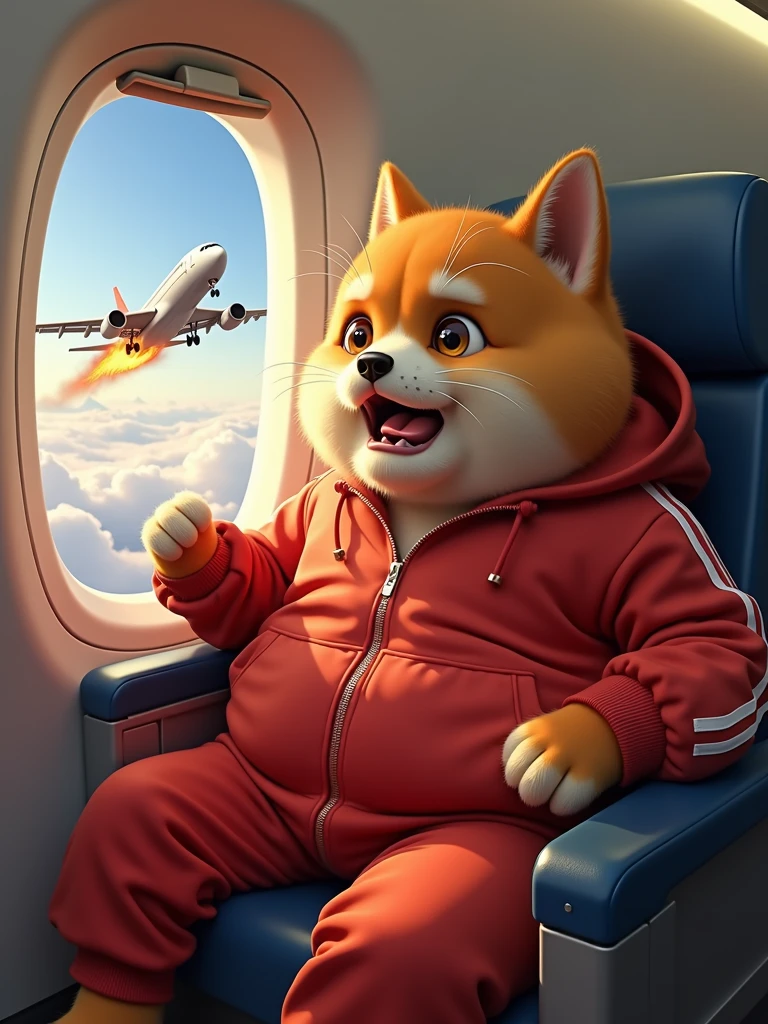 Envision a cartoonish, chubby dog with vibrant ginger fur. This dog bears the characteristics of a real-life British cat, complete with brown eyes. It's dressed in a bright red track suit. The scene is set inside an airplane with the cat seated next to a window, looking out. The airplane is airborne, soaring amongst the clouds. Outside the window, under the wing, the plane's engine is ablaze. The cat, panic-stricken, screams in horror, with its paws lifted in the air. The image emulates the styles of hyperrealism and photorealism, demonstrating an aesthetic beauty, simply realistic with high resolution and detailed precision. 