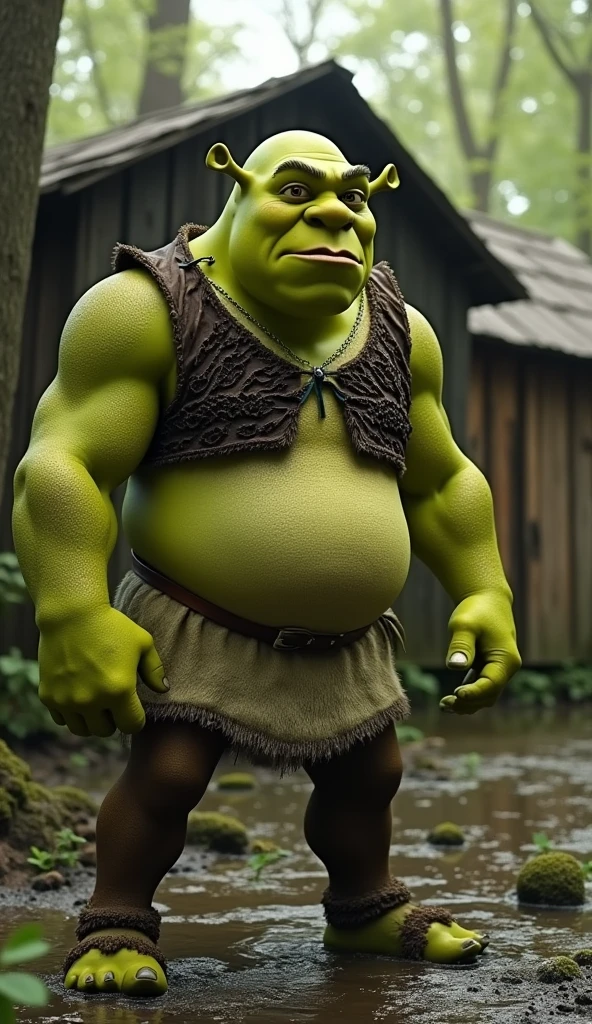 Shrek, just being Shrek, stands tall in his swamp, his green skin rugged and unmistakable. The air is thick with the scent of damp earth, and the murmur of the swamp seems to echo his solitude. His gruff exterior hides a heart that’s tender, though rarely seen. The worn wooden shack behind him is a testament to his life of self-imposed isolation, yet it’s the place where he finds peace. The swamp, wild and untamed, is his kingdom—a reflection of Shrek himself: rough around the edges, but deeply rooted in strength and an unexpected warmth.