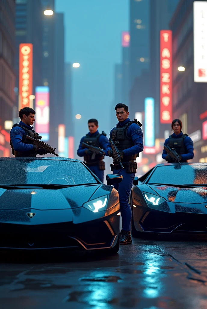 Three black Lamborghinis with 4 armed lovers dressed in blue with bulletproof vests 
