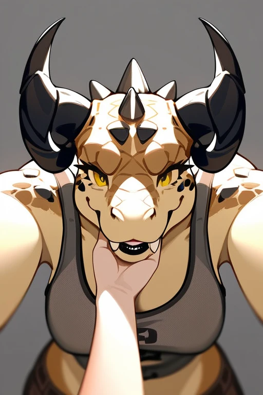 (((Masterpiece))), ((4k)), (best body), Solo, score_9,score_8_up,score_7_up, kemono style, Anthro deathclaw from fallout, Anthro reptile girl, snout, green scaled skin, gold eyes, black lips, black horns, black ram horns, athletic body, smiling, wearing brown laced tank top, pov, pov she is holding viewers face, pov she is holding viewer, simple grey background 