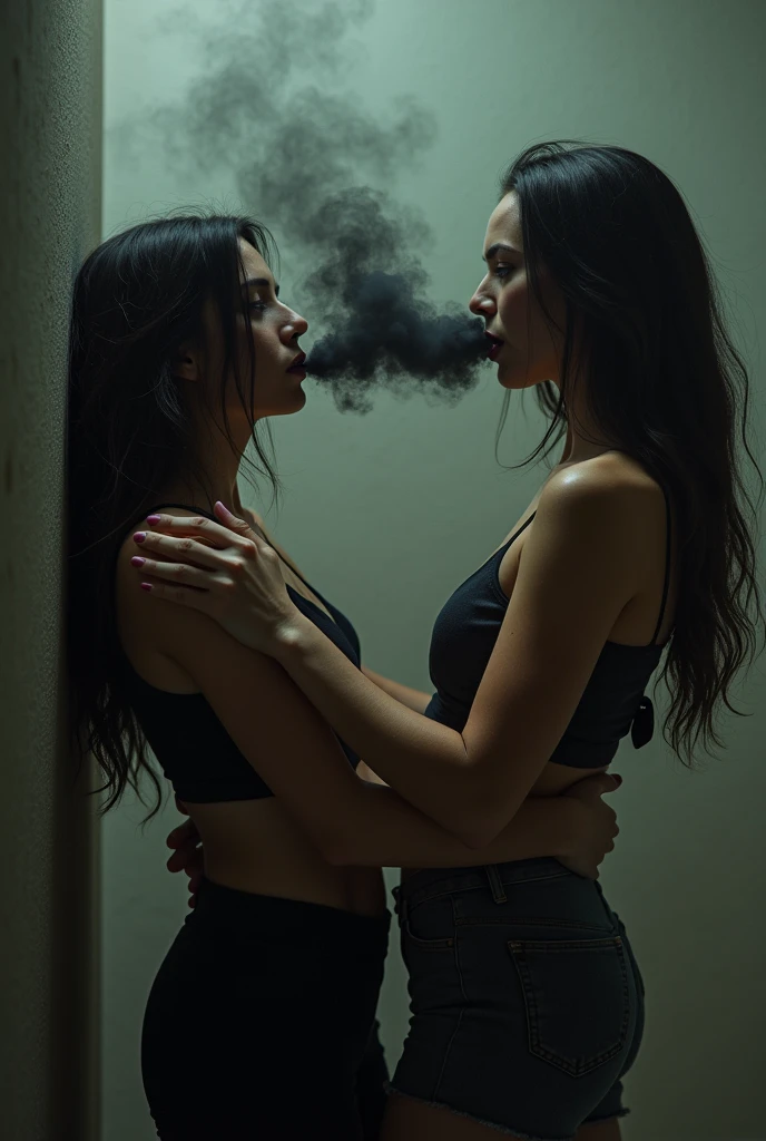Two attractive females, one holding the other against a wall against her will while a black smoke goes out of her mouth and into the other females mouth,