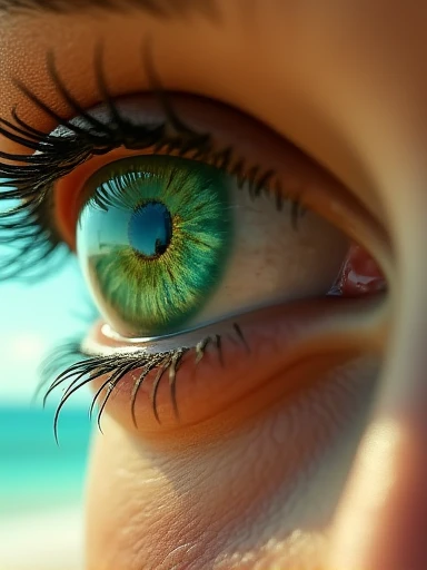 Extreme close-up of the green eye of a gorgeous 2 woman, (small pupil) in which we see the transparent overlay reflection of a beautiful ((naked woman leaning forward epic 100E size breast)) on a tropical beach.