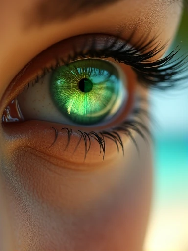 Extreme close-up of the green eye of a gorgeous 2 woman, (small pupil) in which we see the transparent overlay reflection of a beautiful ((naked woman leaning forward epic 100E size breast)) on a tropical beach.
