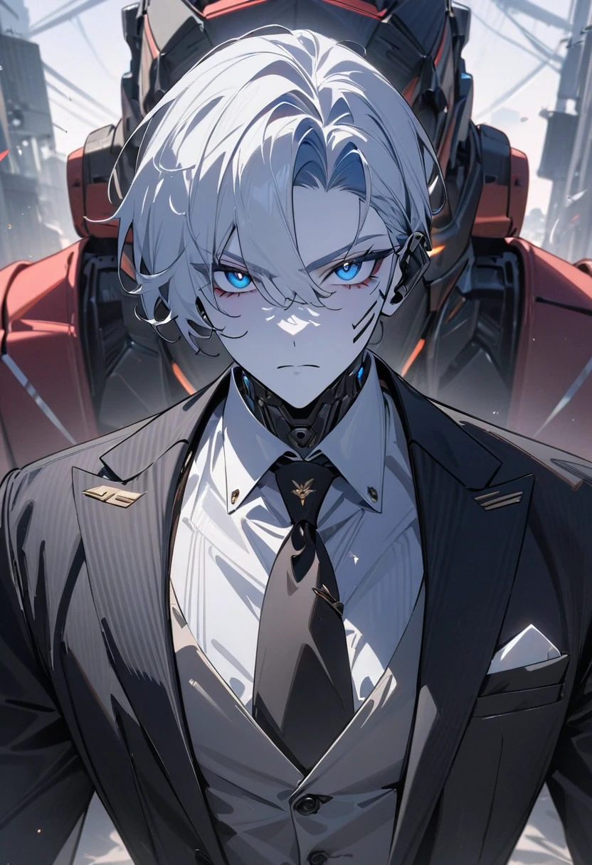 masterpiece, newest, absurdres, safe, masterpiece, newest, absurdres, safe, (masterpiece), best quality, expressive eyes, perfect face, robot, white skin, android, robot male, blue eyes, serious expression, formal outfit, professional outfit, business attire, professional attire, suit and tie, facing viewer, looking at viewer