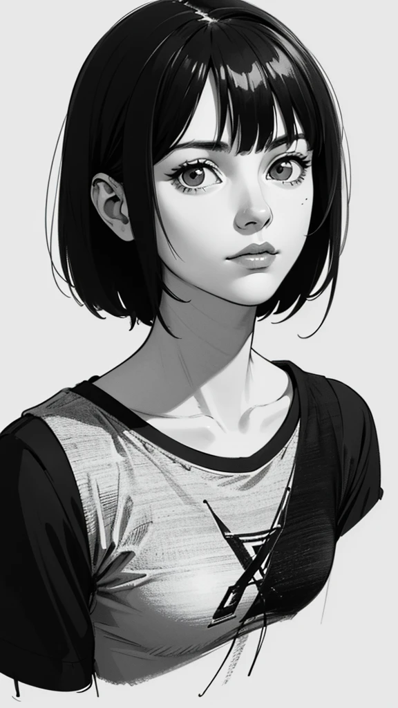 1 boyish lady, solo, sharp eyes, monochrome, greyscale, short black hair, portrait, T-shirt, closed mouth, looking at viewer, sketch, graphite \(medium\), detailed lips, hatching \(texture\), without makeup, bangs, upper body, (best illustration), (best quality), (very detailed), (masterpiece), expressionless,