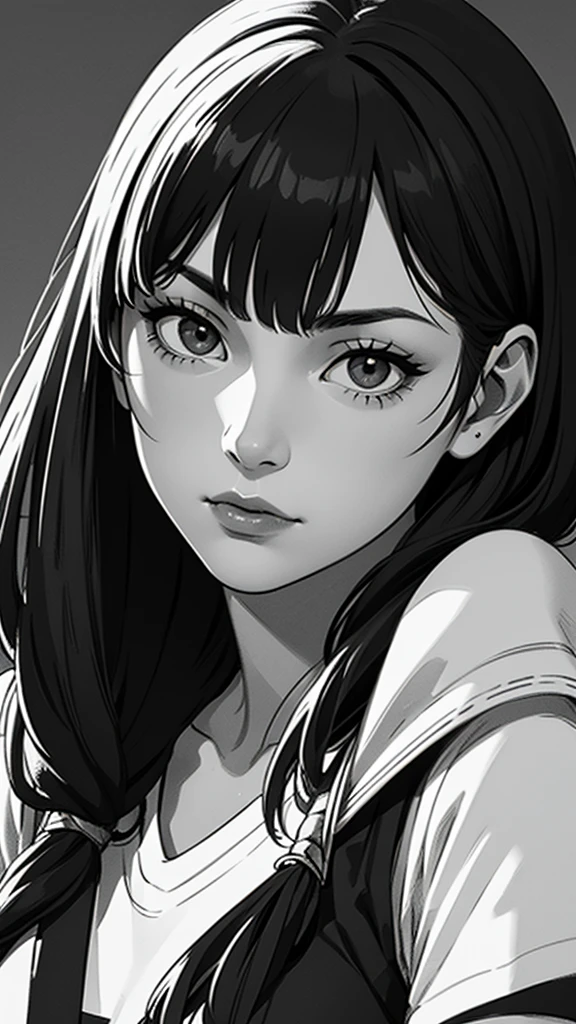 1 boyish lady, solo, sharp eyes, monochrome, greyscale, short black hair, portrait, T-shirt, closed mouth, looking at viewer, sketch, graphite \(medium\), detailed lips, hatching \(texture\), without makeup, bangs, upper body, (best illustration), (best quality), (very detailed), (masterpiece), expressionless,