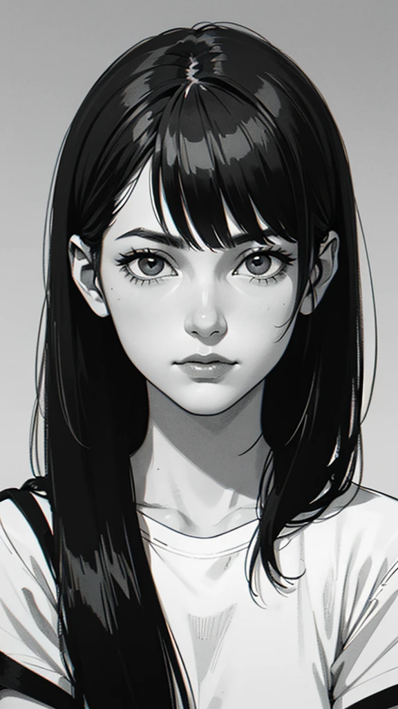 1 boyish lady, solo, sharp eyes, monochrome, greyscale, short black hair, portrait, T-shirt, closed mouth, looking at viewer, sketch, graphite \(medium\), detailed lips, hatching \(texture\), without makeup, bangs, upper body, (best illustration), (best quality), (very detailed), (masterpiece), expressionless,