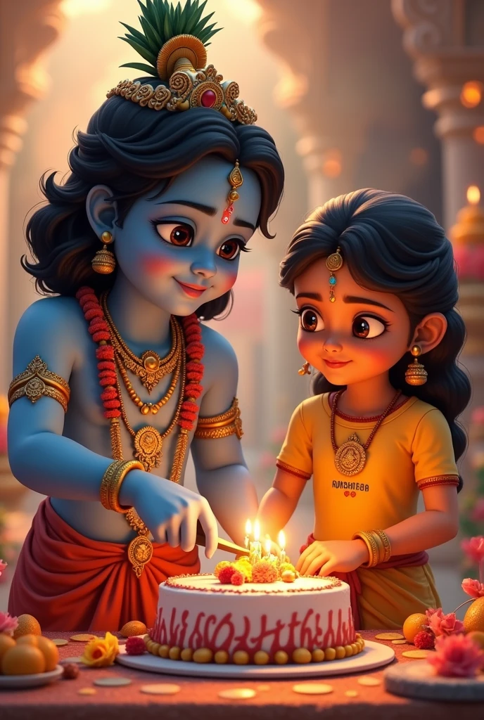 Lord krishna cutting the cake and vanshika also. Vanshika name is written on vanshika tshirt,do not touch there hands together. Vanshika is looking to the cake