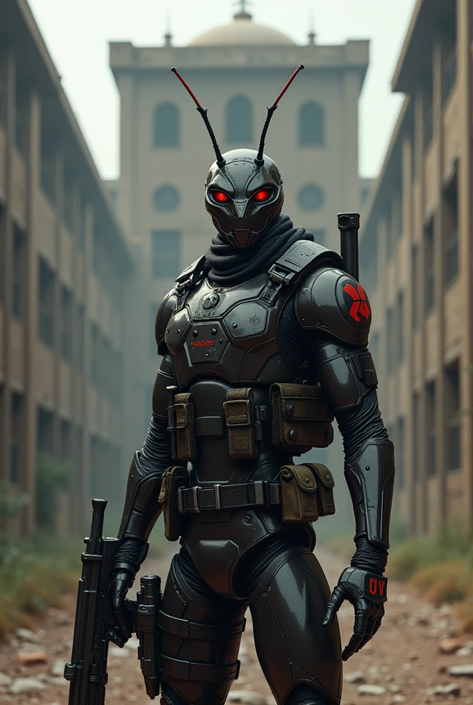 A ant with military suit with a gun and standing in front of the prison