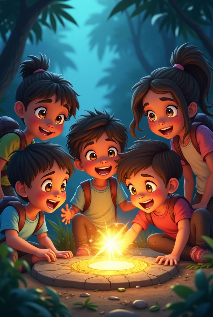 The kids are shown excitedly discovering something new—perhaps uncovering a hidden treasure, finding an ancient artifact, or solving a mysterious puzzle. The scene is lively and full of excitement, with various elements like sparkling objects or glowing paths."Strong Friendship and Teamwork