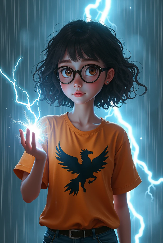 A girl wearing glasses, curly hair to her shoulders, dark skin, brown eyes, orange t-shirt with black Pegasus symbol, in the rain, looking to the side, lightning in the sky, wet rain, holding a lightning bolt