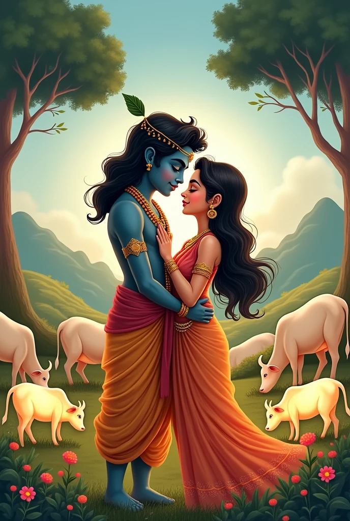 Lord krishna and Radha hug cartoon and glowing
Cow's