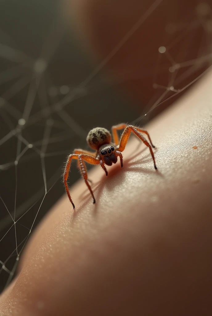 A small, life-sized spider slowly descending on its web toward a female belly button. The spider should be highly detailed and realistic, with its thin legs and delicate body clearly visible. The web should be fine and almost transparent, subtly standing out against the background. The female navel should be in focus, with sharp details such as the navel and the texture of the stomach. The scene should convey a sense of closeness and tension, capturing the moment as the spider approaches the navel