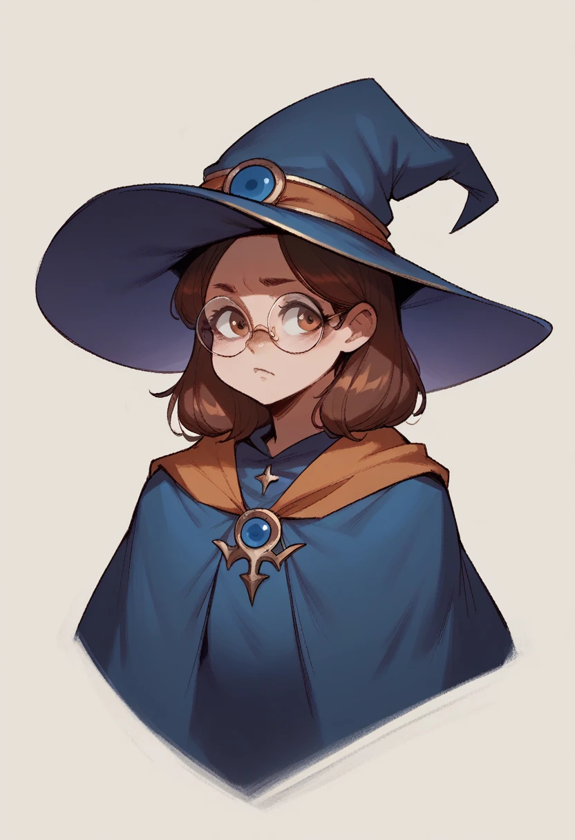 Witch, wearing blue medevial clothes with a wizard hat, round glasses, full upper body portrait, female, 1girl, brown hair, brown eyes, full upper body