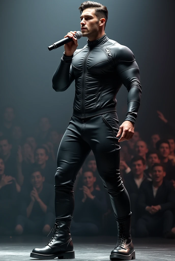 Create an innovative, futuristic and very masculine outfit for a male singer .That gives the impression of a powerful man.Let your posture be forward in movement, singing with microphone in hand , with people listening to him with jubilation .Someone imposing with broad shoulders but a solid, athletic body with a narrow waist that is very manly. .
Let your garment be new, something never seen before. In black and dark grey tones, it is made with fine details for the torso, it could be a shirt, a sweatshirt or something very close to your body..With fine futuristic details .But his torso is covered and with novel details in the pants that give it a futuristic impression..
With shiny black vinyl boots with novel details such as a thin, non-rounded toe that also has high, square heels that give it height., slim the singer and stylize him .