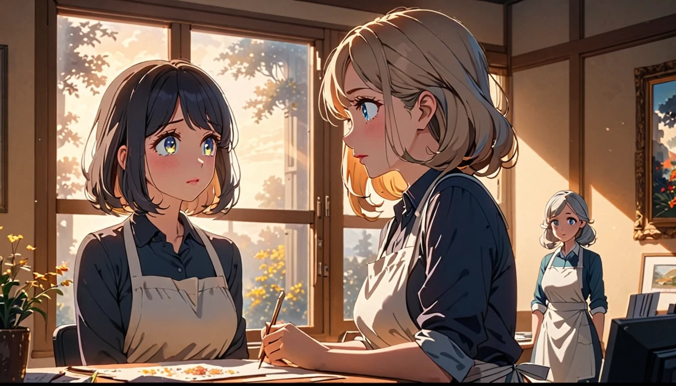 two older women talking to a sad-looking girl, a girl in an apron, in small office, beautiful detailed eyes, beautiful detailed lips, extremely detailed eyes and face, long eyelashes, intricate facial expressions, warm and friendly atmosphere, natural window lighting, high quality, 8k, hyper-detailed, masterpiece, animetic, award-winning painting, soft color palette, cinematic composition, vibrant colors, dramatic lighting